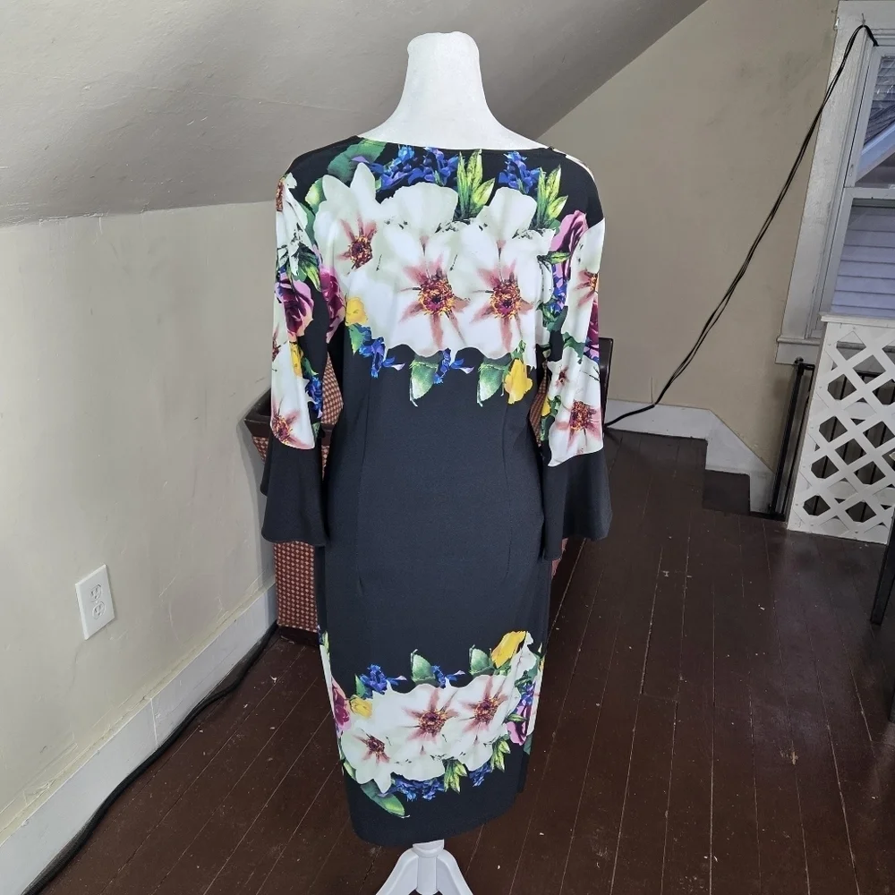 Joseph Ribkoff Floral Black Sheath Dress Women’s Size 10 Bell Sleeve V-Neck Midi